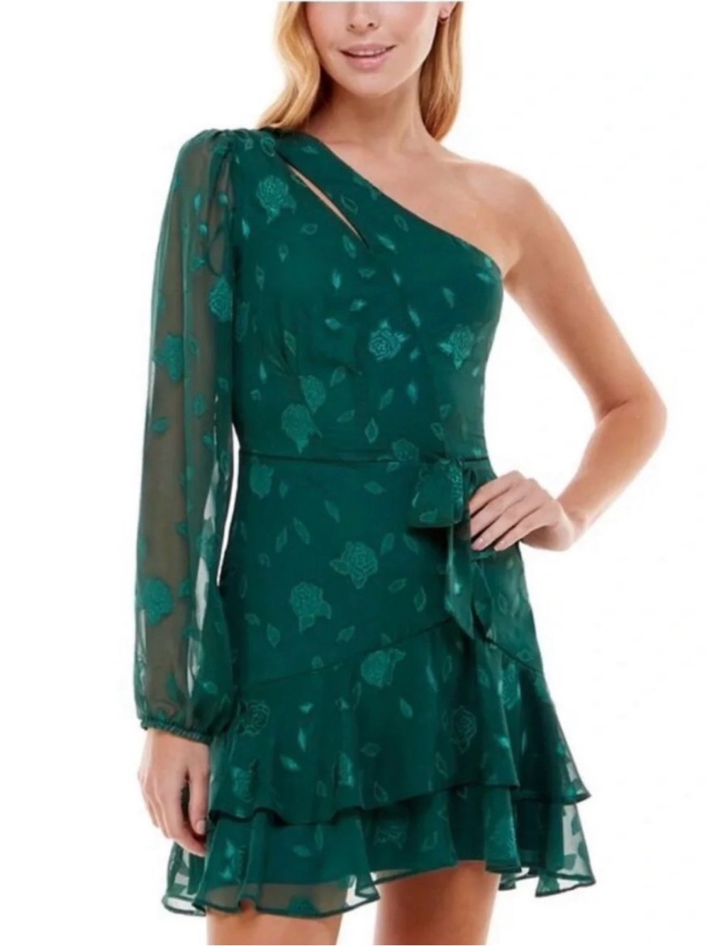 City Vibe One Shoulder Jacquard Ruffle Mini Dress Green Size 7
